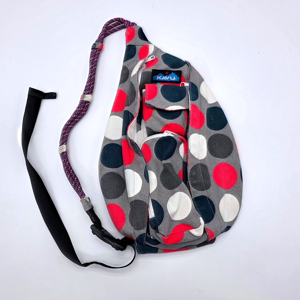 KAVU Rope Bag Sling Crossbody Cotton Canvas Polka Dot Red Grey White 16in